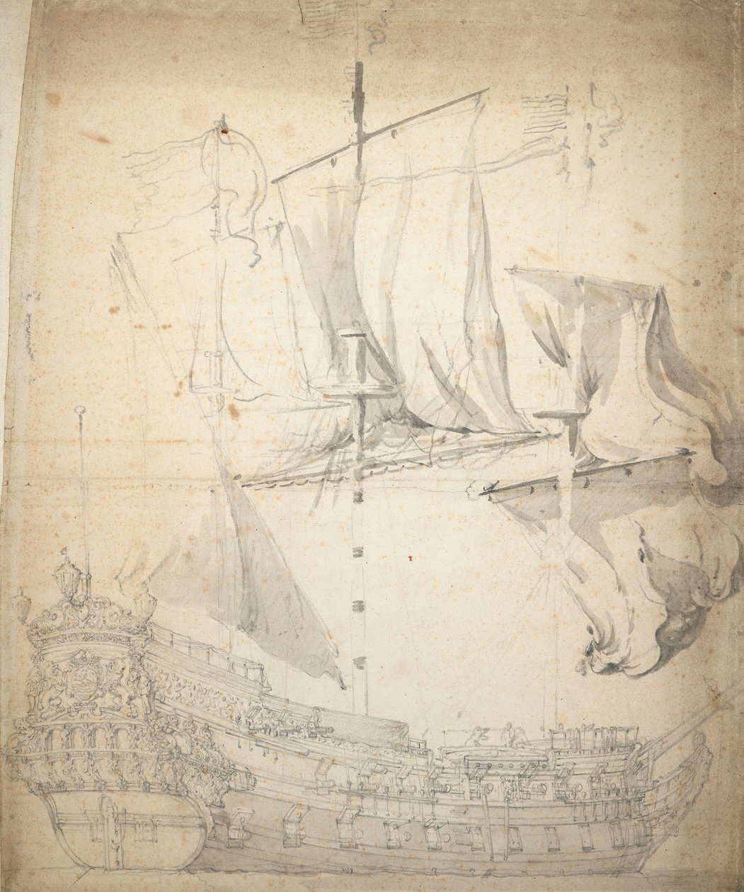 Porträtt av "Kampveere" (), ca 1664 (offset, grafit, grå lav) av Willem van de the Elder Velde