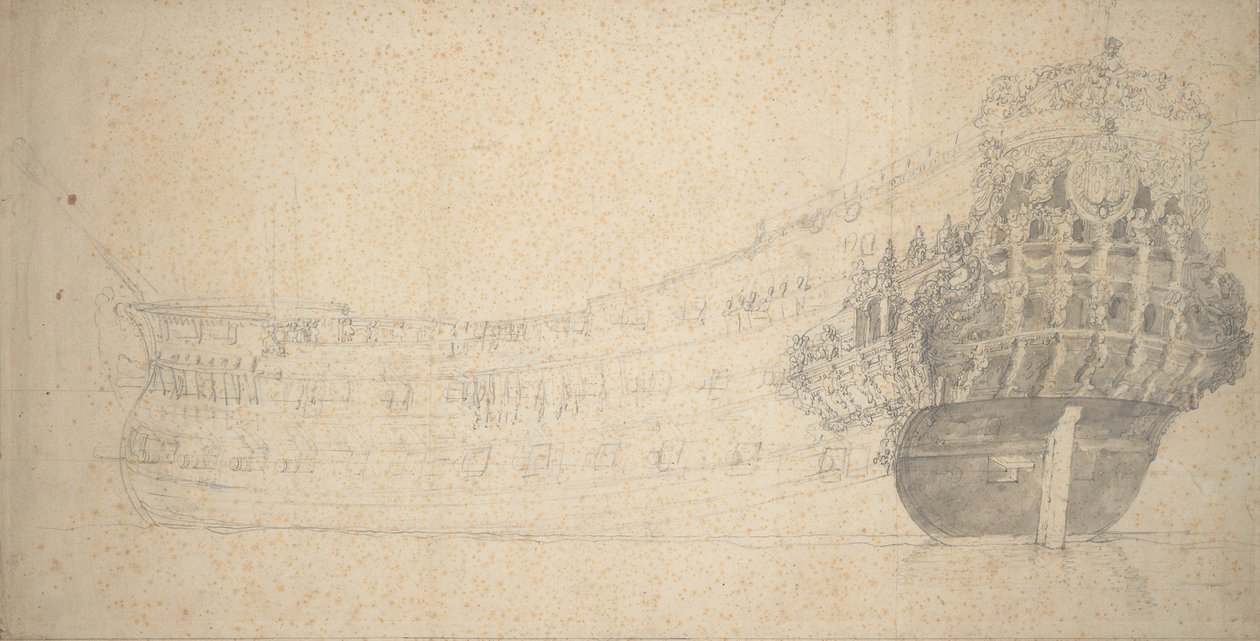 Porträtt av en fransk tvådäckare. Byggd i Holland 1666-67, ca 1667 (grafit) av Willem van de the Elder Velde