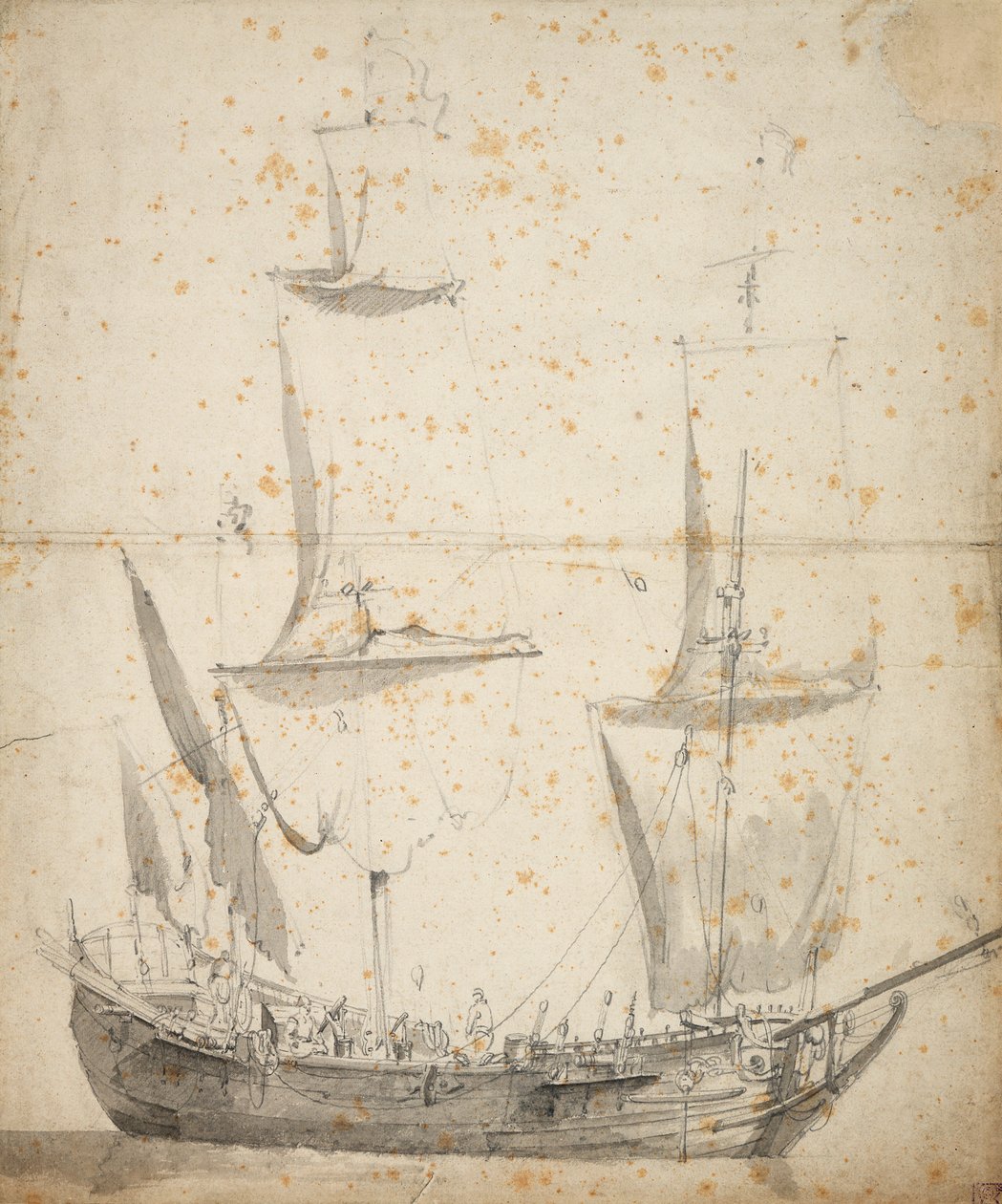 Porträtt av ett litet holländskt handelsfartyg, ca 1665 (grafit, grå tvätt) av Willem van de the Elder Velde