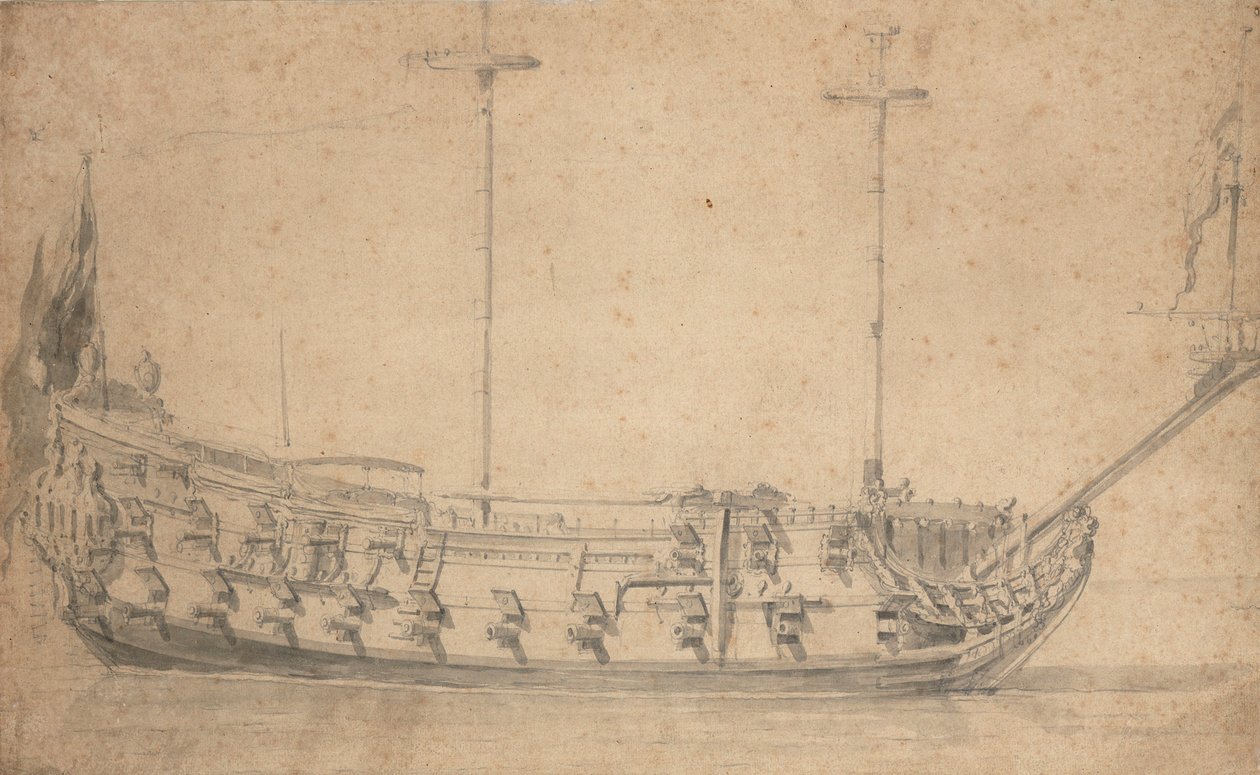 Porträtt av en engelsk fjärdeklassare, ca 42 kanoner, ca 1675 (blyerts, lavering) av Willem van de the Elder Velde