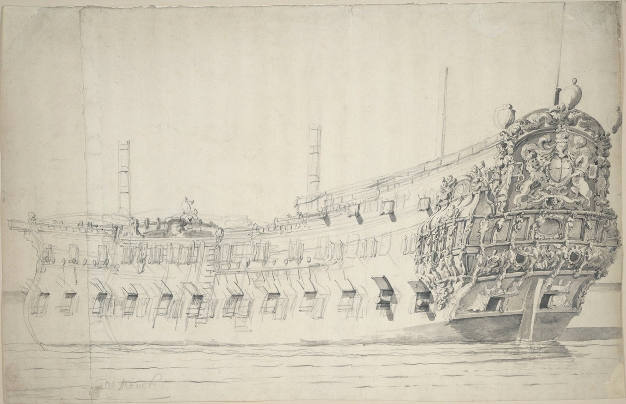 Porträtt av "Monck", ca 1676 (grafit, lavering) av Willem van de the Elder Velde