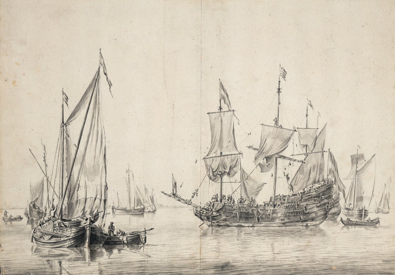 Segelbåtar och en holländsk fregatt som torkar sina segel. Teckning och lavering (26x37 cm), av William van de Velde l