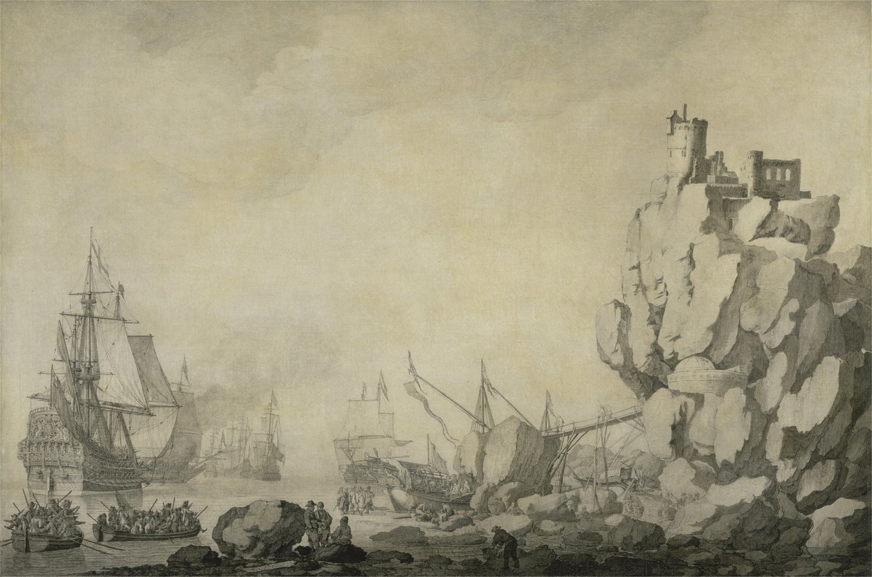 Skepp och milis vid en stenig strand, ca 1680 (penna och bläck på förberedd duk) av Willem van de the Elder Velde