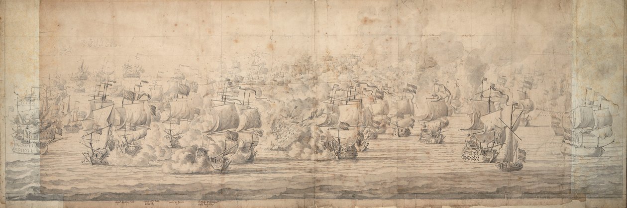 Slaget vid Lowestoft, 3-13 juni 1665, ca 1674 (grafit, tusch) av Willem van de the Elder Velde