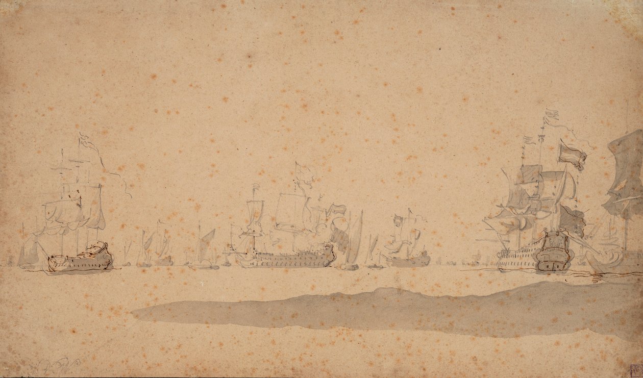 Den holländska flottan liggande, troligen i maj 1672, ca 1672 (grafit, grå lav) av Willem van de the Elder Velde