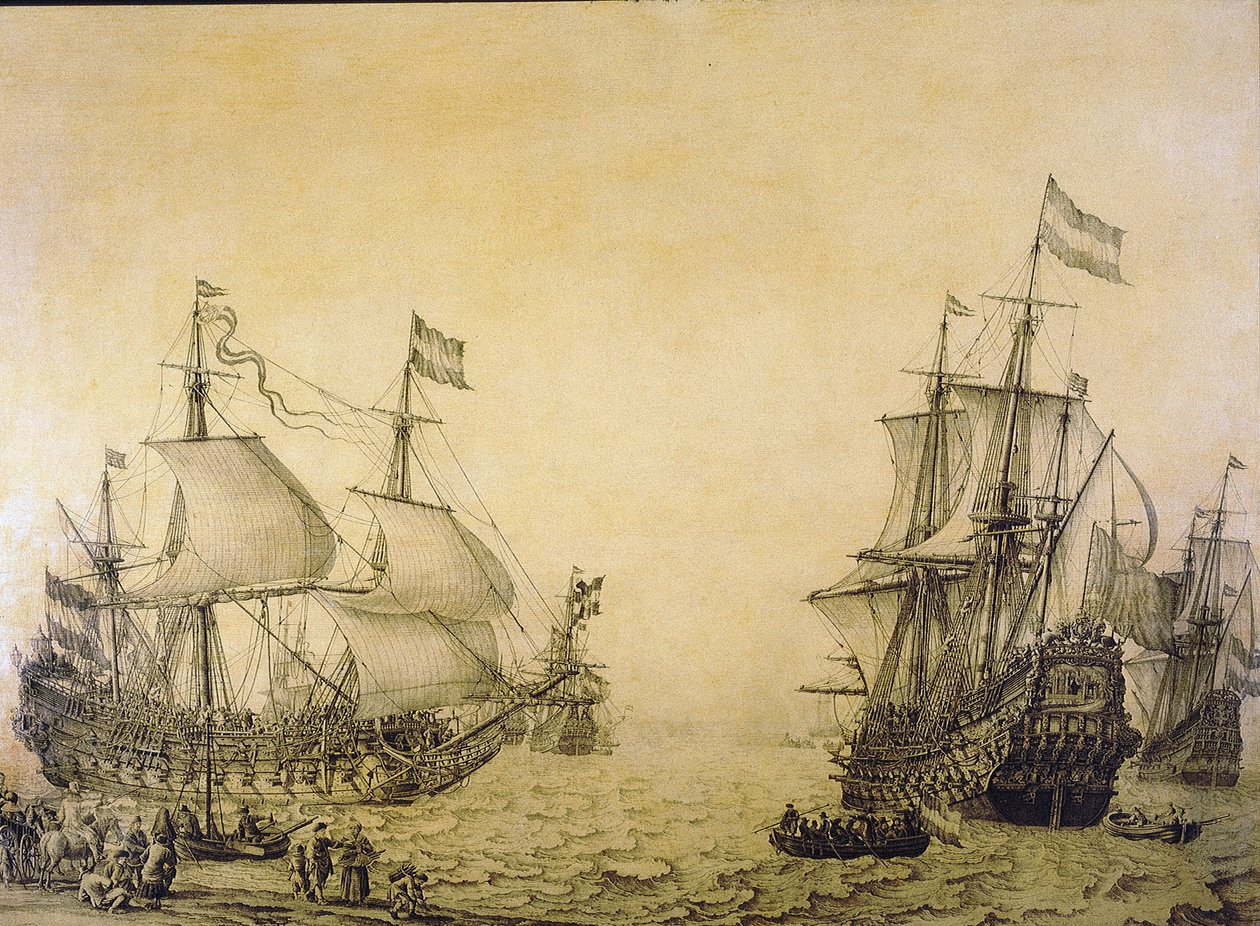 Det holländska fartyget "Oosterwijk", som lämnar stranden, beskrivs från två vinklar. Grisaille på trä av Willem van de the Elder Velde
