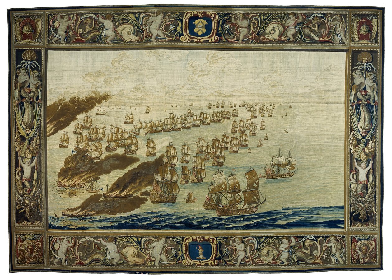 Mortlake-tapeten (London-distriktet, England) skildrar branden av "Royal James" under slaget vid Solebay, 28 maj av Willem van de the Elder Velde