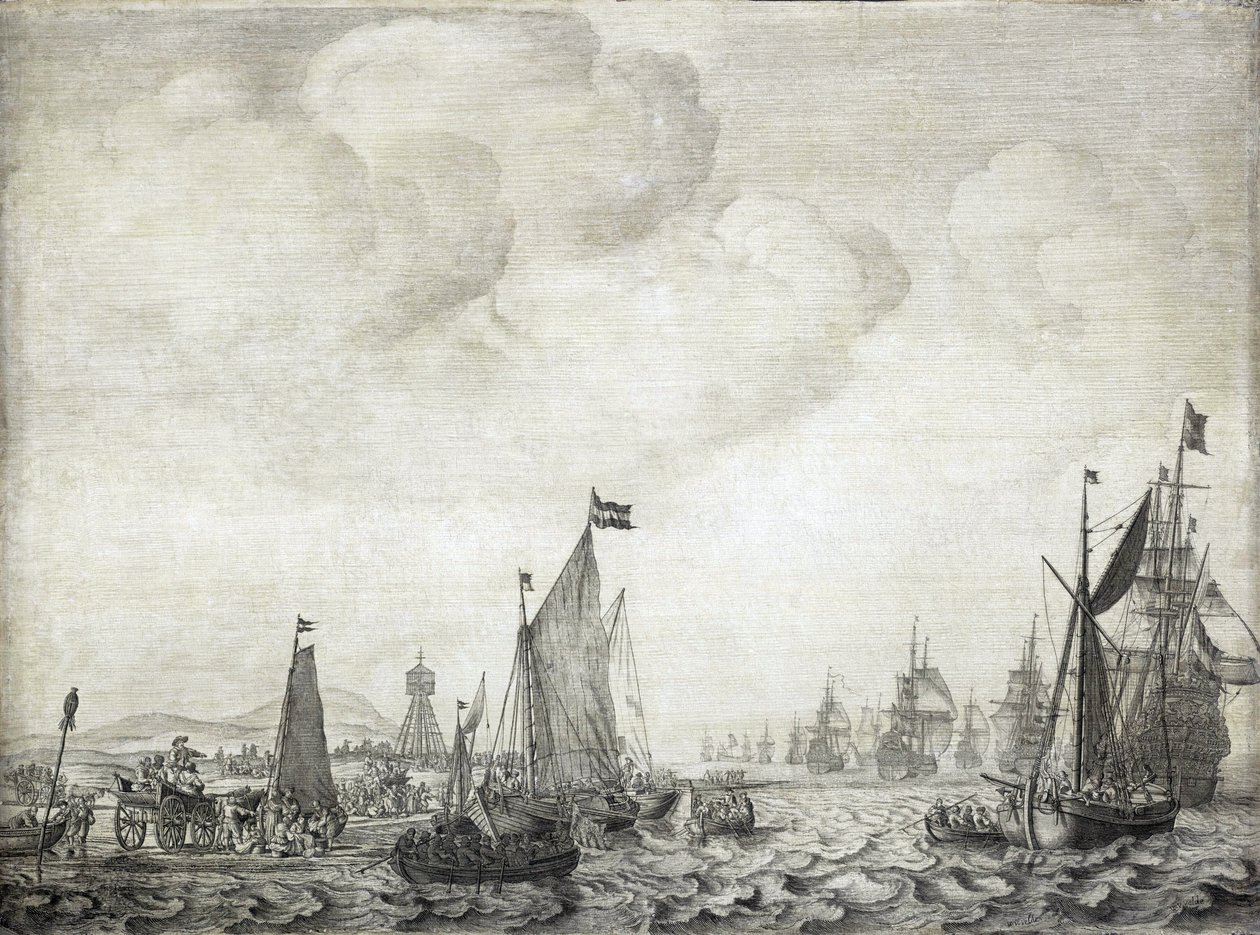 Handelsfartyg till Orienten och deras eskort, lämnar Vlie (eller Vliestroom), sjövägen mellan öarna Vlieland och Treschelling (Holland), 9 juni 1645 av Willem van de the Elder Velde