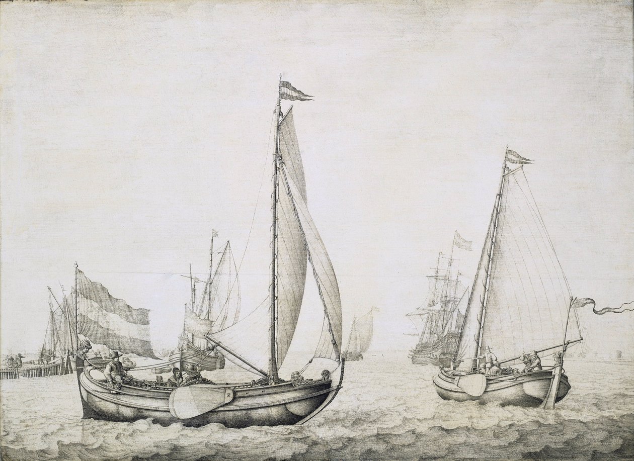 Två holländska fartyg vid starten, troligen i Amsterdams hamn (Holland). Grisaille på trä, ca 1660, av Willem van de Velde (1611-1693). av Willem van de the Elder Velde