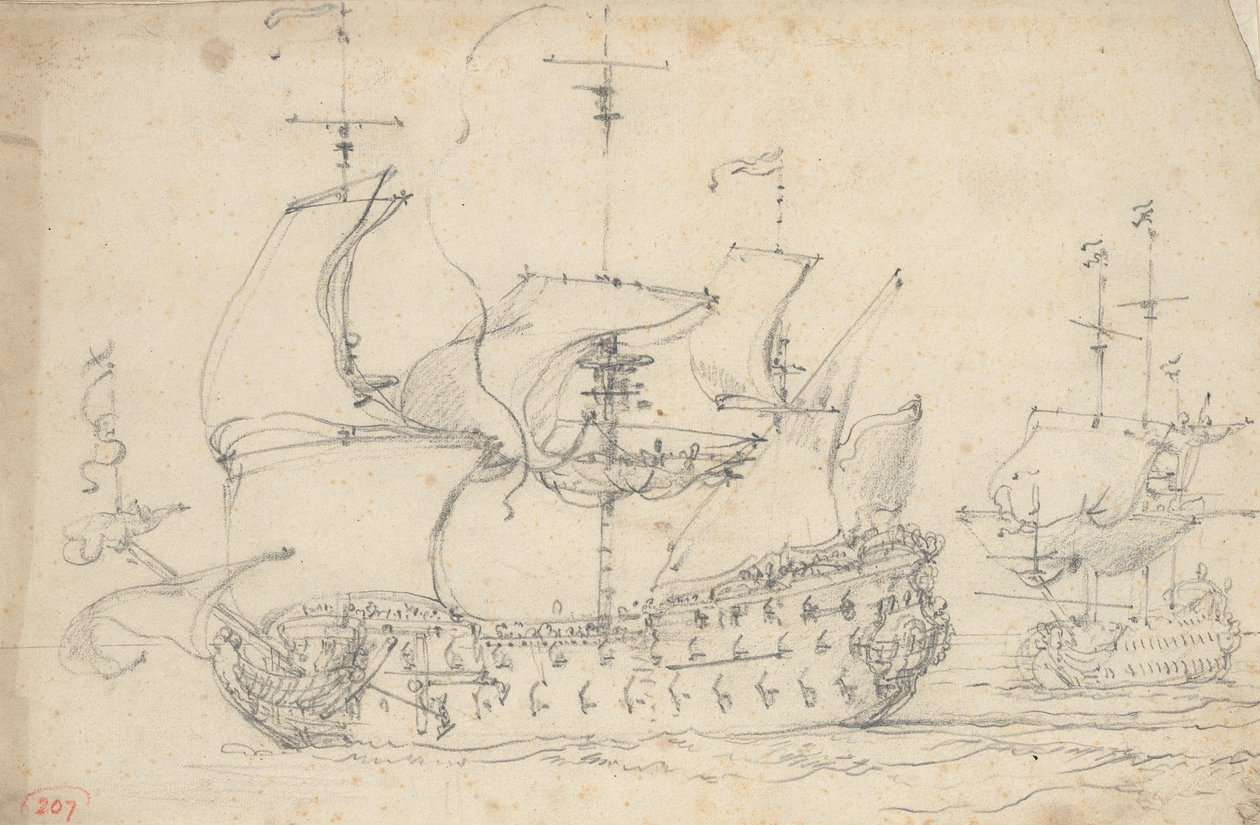 Två engelska tredjerater i full gång, ca 1675 (penna) av Willem van de the Elder Velde