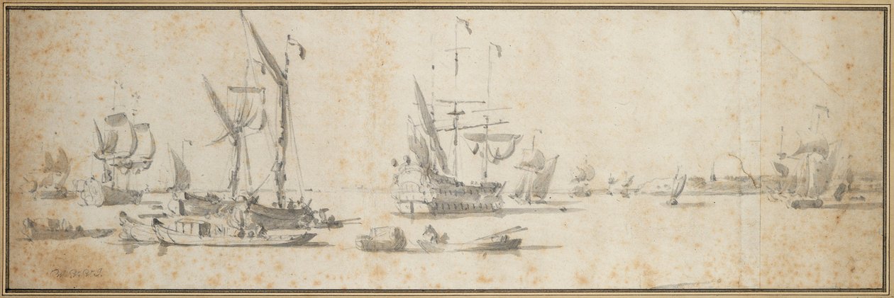 Två doggers och ett skepp för ankar i en hamn, ca 1681 (grafit, grå lav) av Willem van de the Elder Velde