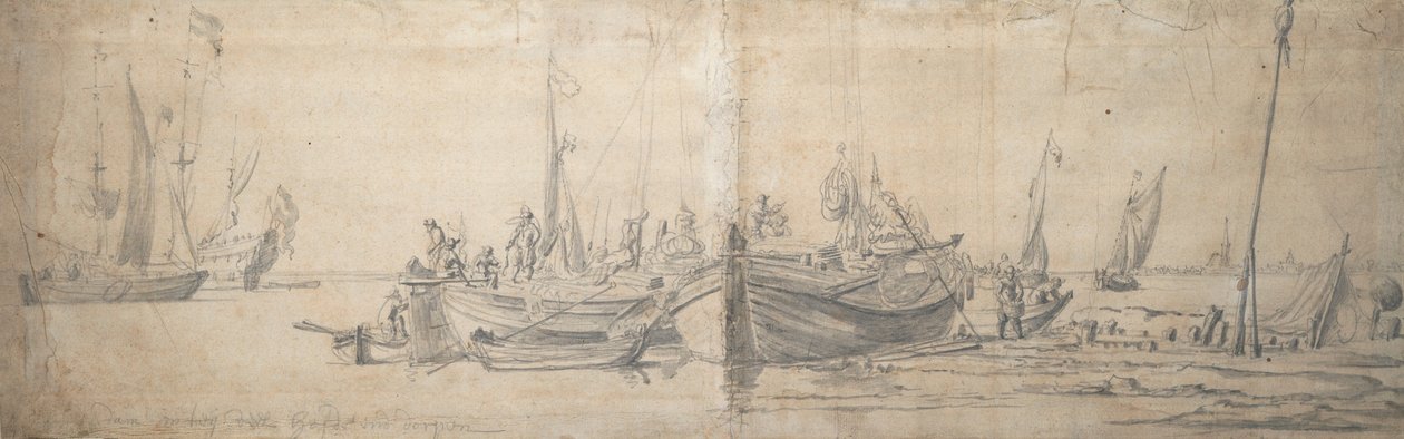 Två kajaker i land på slutet av en hård, ca 1643 (grafit, grå tvätt) av Willem van de the Elder Velde