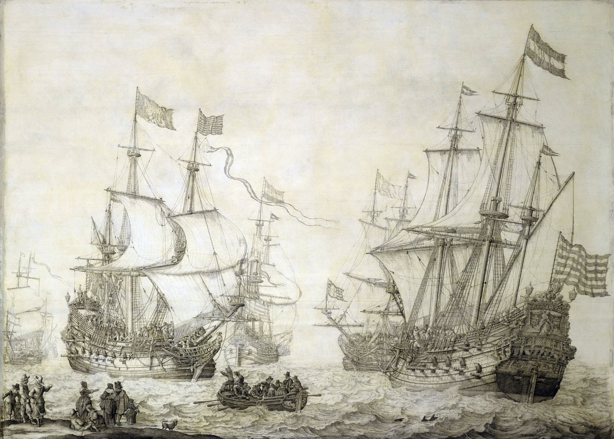 Två handelsfartyg från Nederländska Ostindiska Kompaniet lämnar kusten i lugna vindar. Grisaille på trä av Willem van de the Elder Velde
