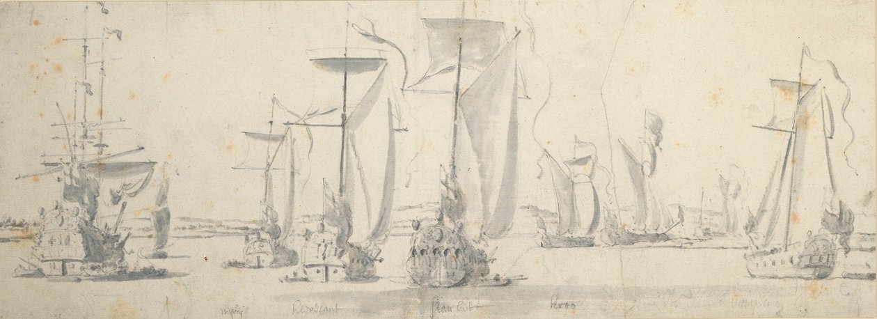 Karl II besöker "Tiger" i Woolwich: Yachterna rundar en krök i floden av Willem van de the Elder Velde