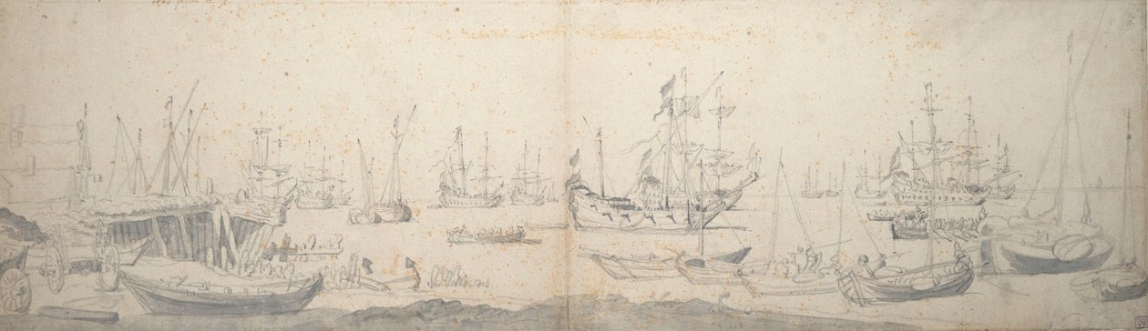 Weyschuits, en kaag och holländska örlogsmän i Texel av Willem van de the Elder Velde