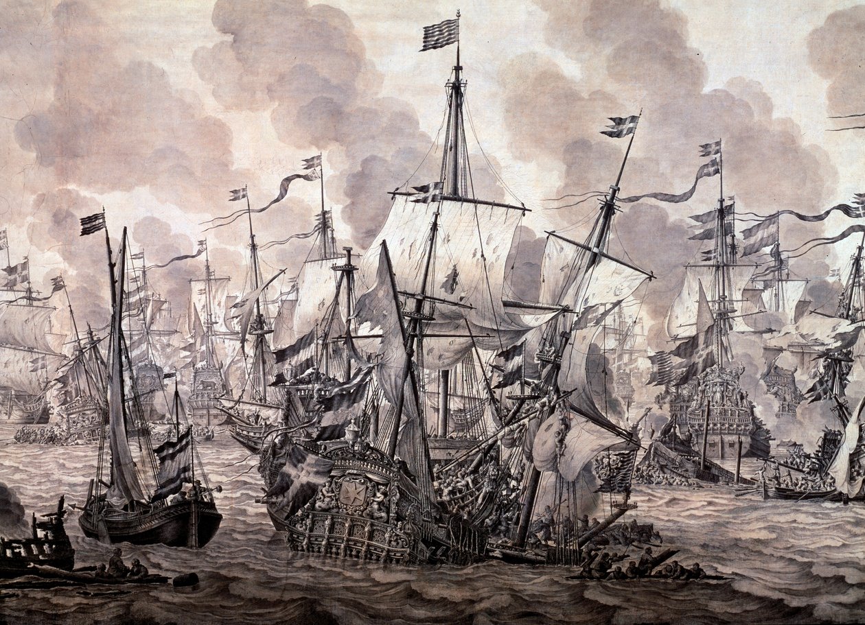 slaget vid Öresund mellan den holländska och den svenska flottan, 8 november 1658. Detalj - Olje- och bläckmålning av Willem van de the Elder Velde