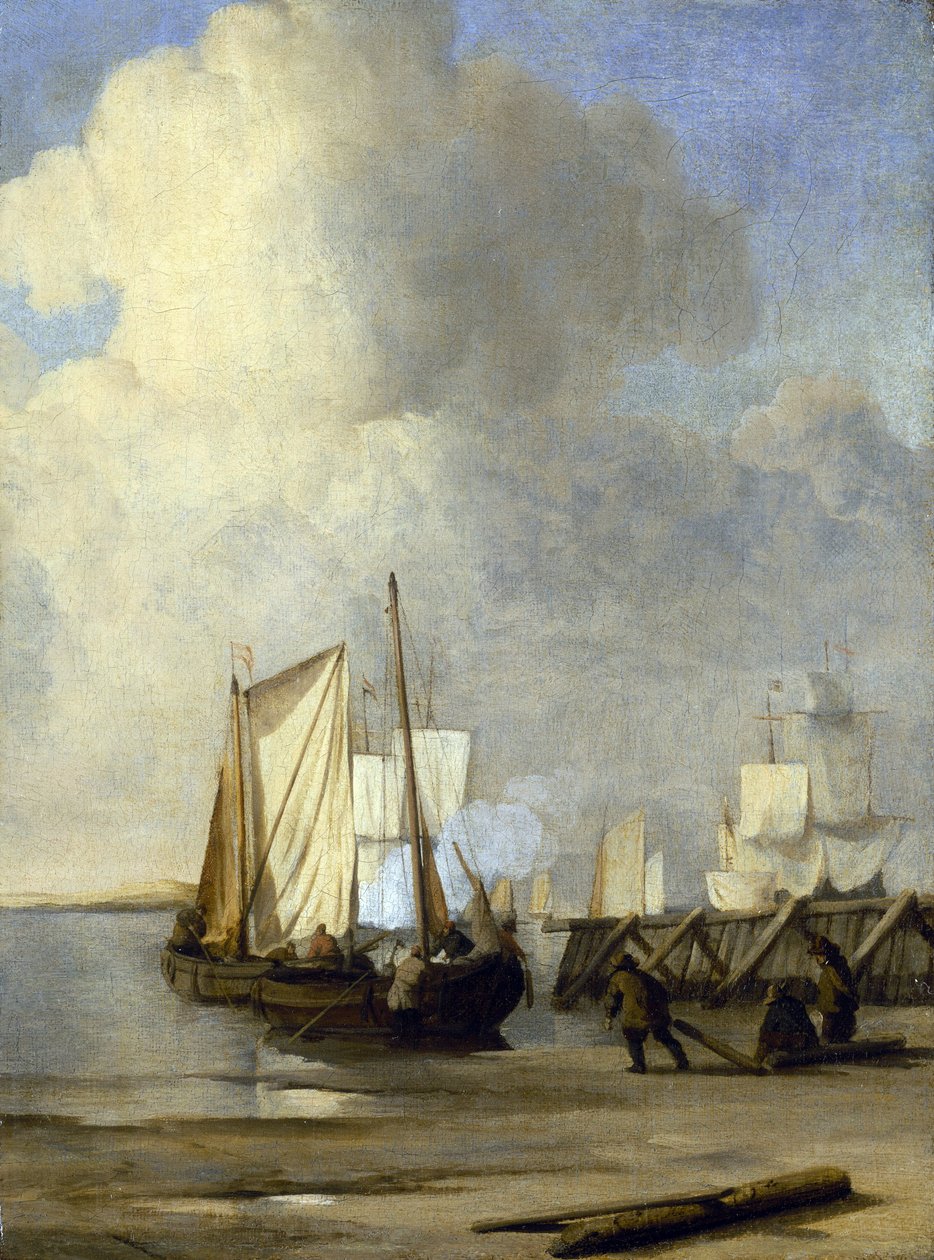 En Kaag på stranden, en holländsk båt som används för navigering på inre vattenvägar. Olja på duk av Willem van de Velde the Younger