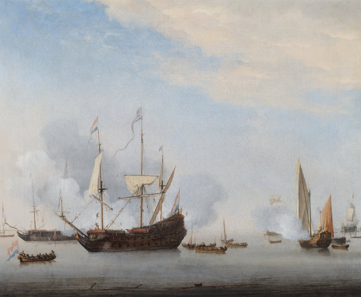 En krigsman avfyrar salut med andra fartyg i närheten (olja på duk) av Willem van de the Younger Velde