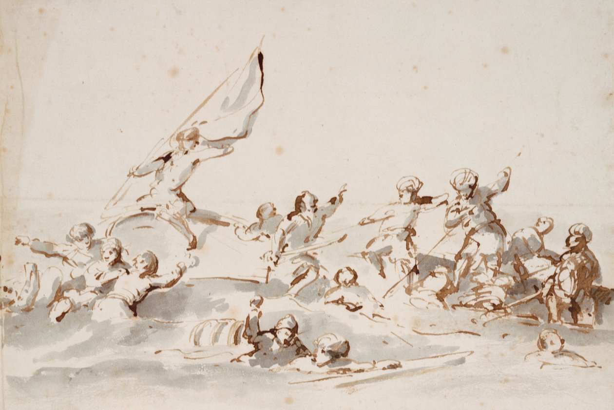 En strid i båtar, ca 1685 (penna, bläck) av Willem van de Velde the Younger