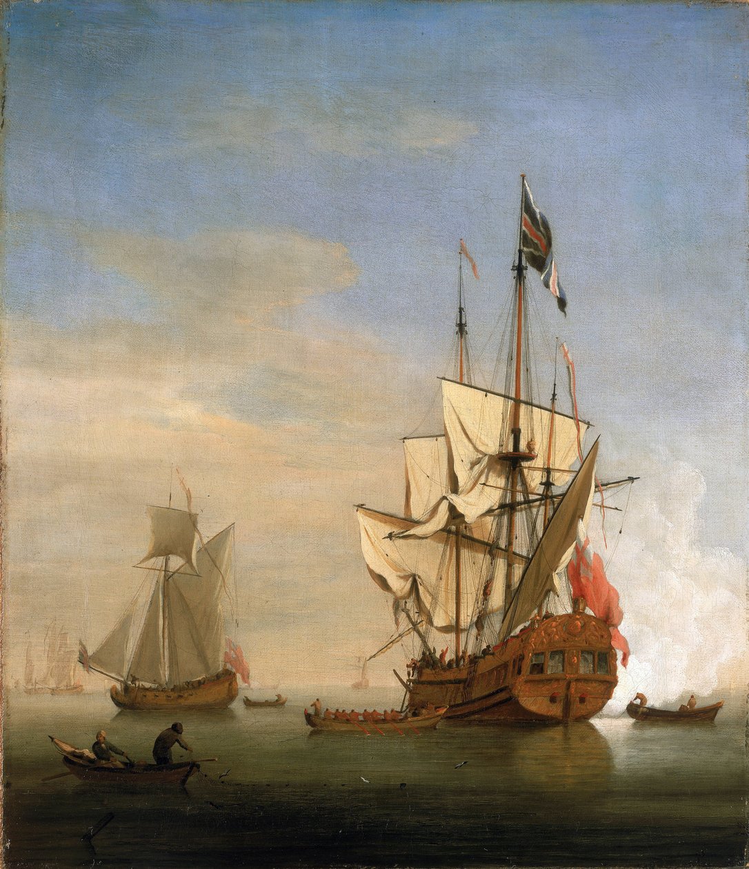 En sixth-rate (sixth rate), ett litet brittiskt örlogsfartyg, avfyrar kanonen som en hälsning. Olja på duk av Willem van de Velde the Younger