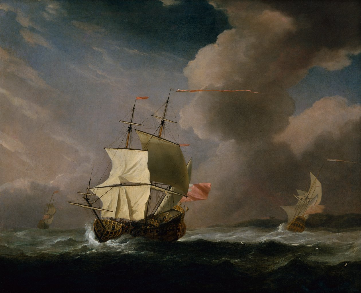 En engelsk tvådäckare i stark vind med ett annat skepp i bakgrunden (olja på duk) av Willem van de Velde the Younger