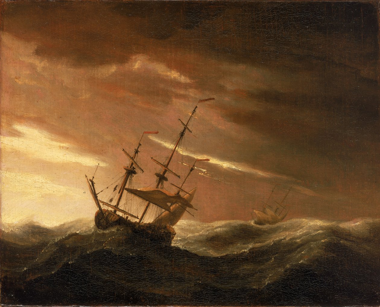 Ett engelskt skepp som ligger i storm, sent 1600-tal (olja på duk) av Willem van de Velde the Younger
