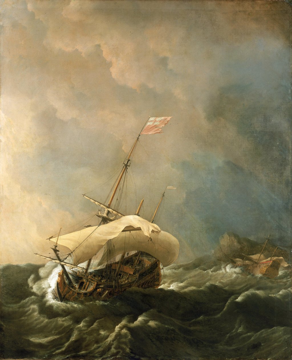 Brittiskt fartyg i stormig vind som försöker fly från den steniga stranden. Olja på duk av Willem van de Velde the Younger