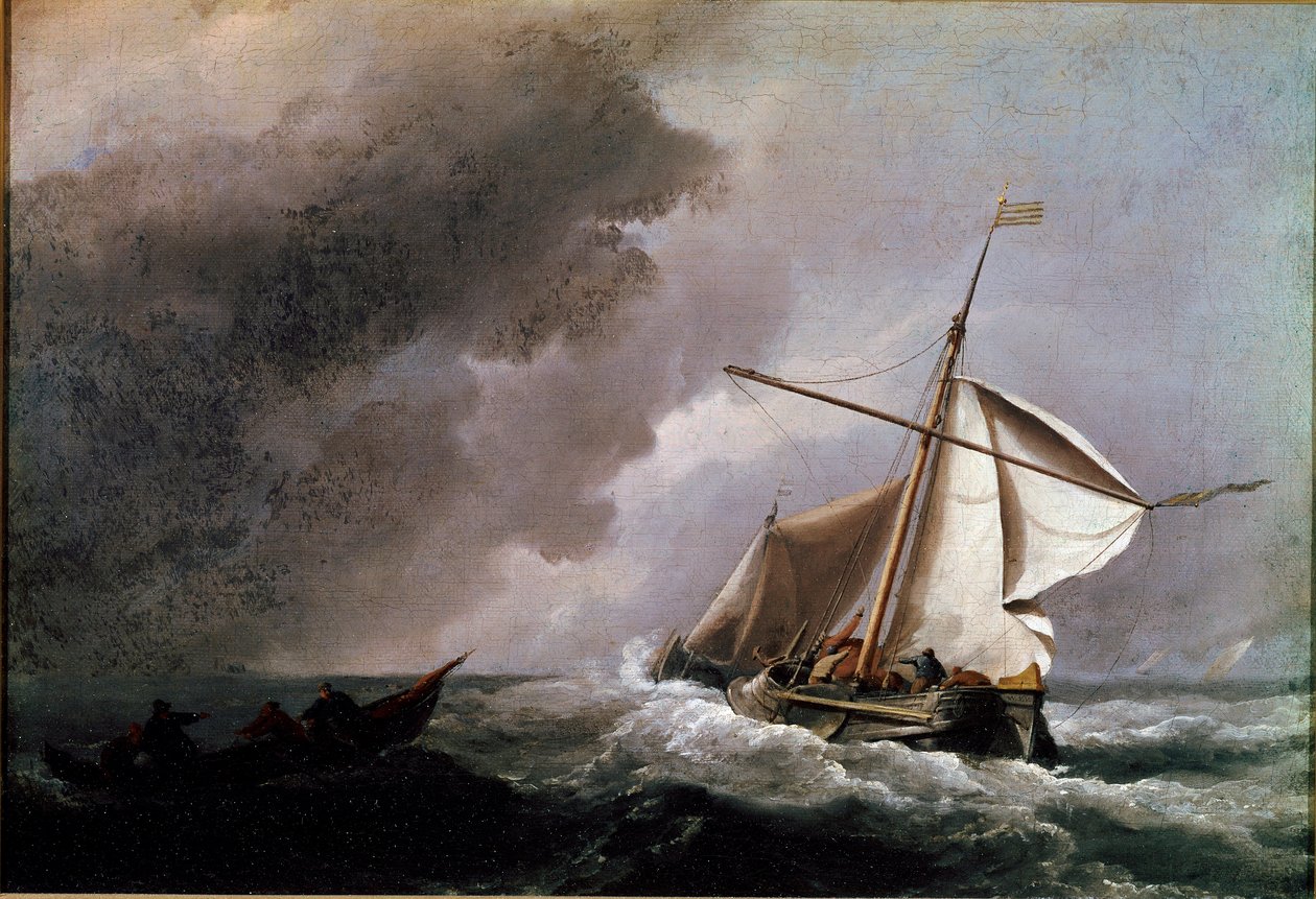 Holländskt fartyg som sänker segel och väntar på en livbåt Målning av Willem Van de Velde den unge (1633-1707) 1660 Sön. 23,2x33,2 cm London, National Gallery av Willem van de Velde the Younger
