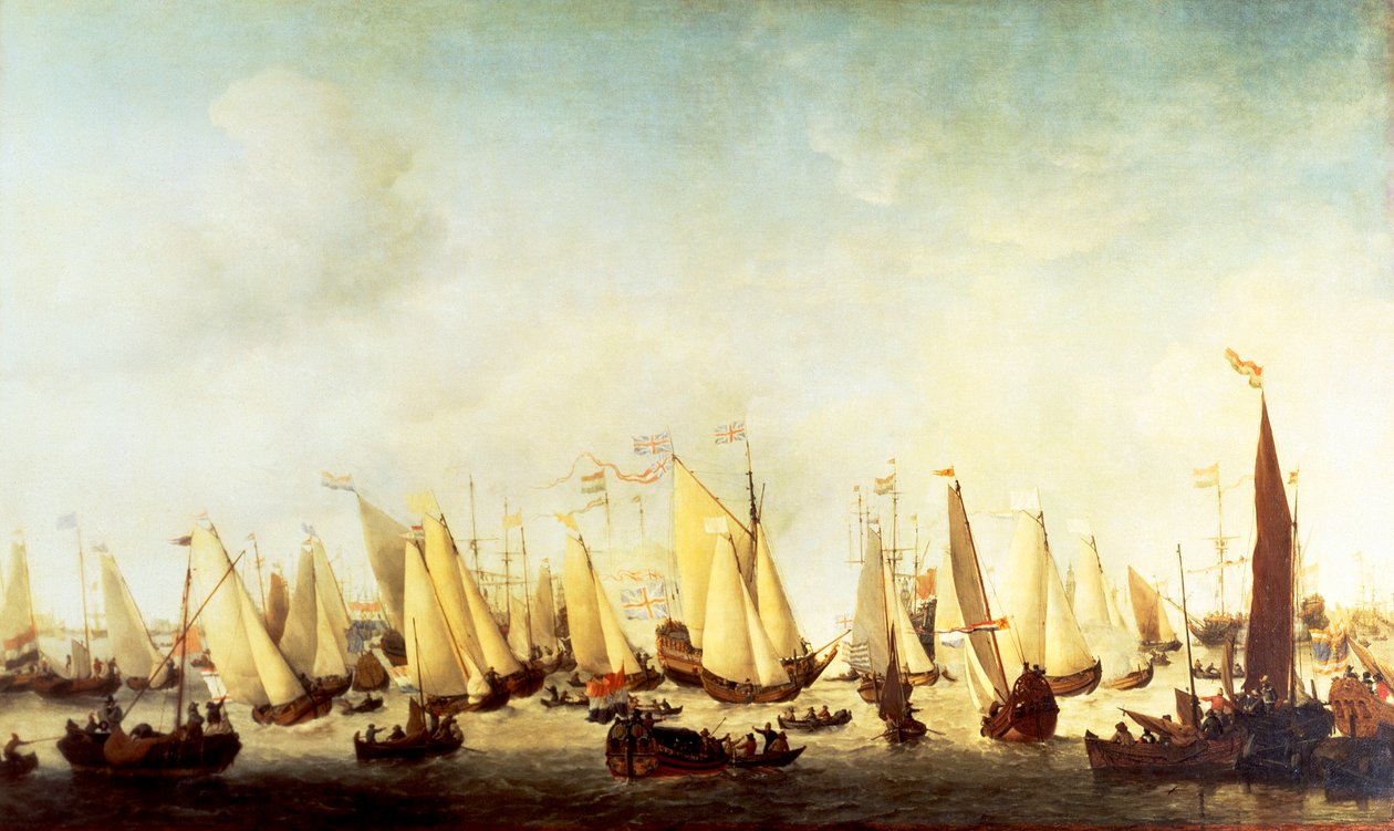 Karl II Stuarts ombordstigning vid Scheveningen av Willem van de Velde the Younger