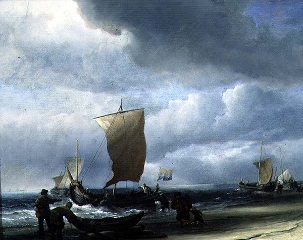 Fiskebåtar kommer i land (olja på duk) av Willem van de Velde the Younger