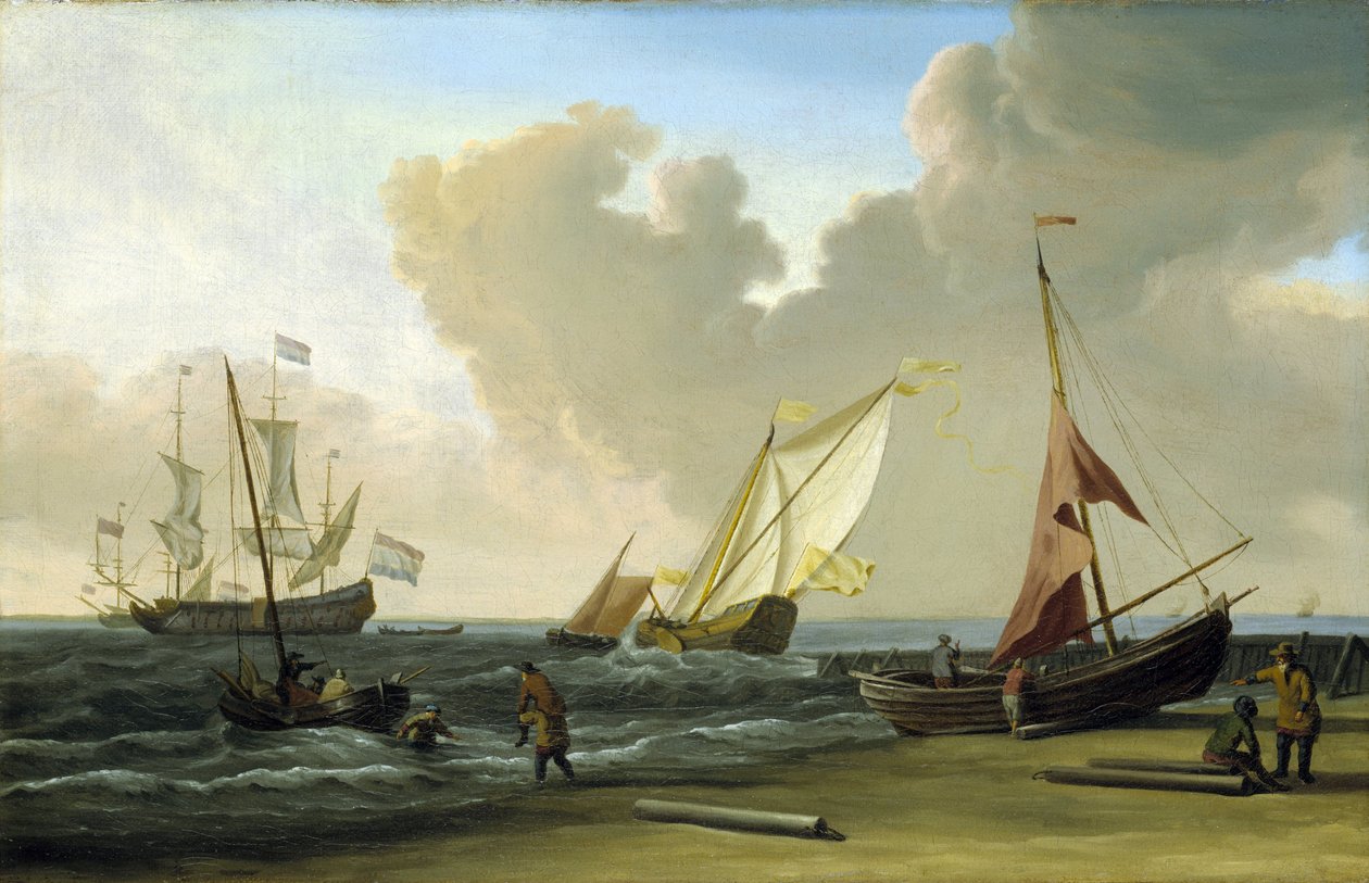 Fiskebåt som drar upp sina nät på stranden i vinden, på den holländska kusten. Olja på duk av Willem van de Velde the Younger