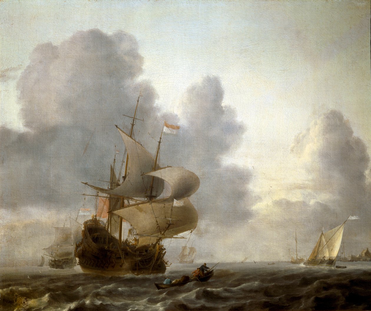 Landskap av båtar i ett skakat hav (målning av Willem van de Velde the Younger