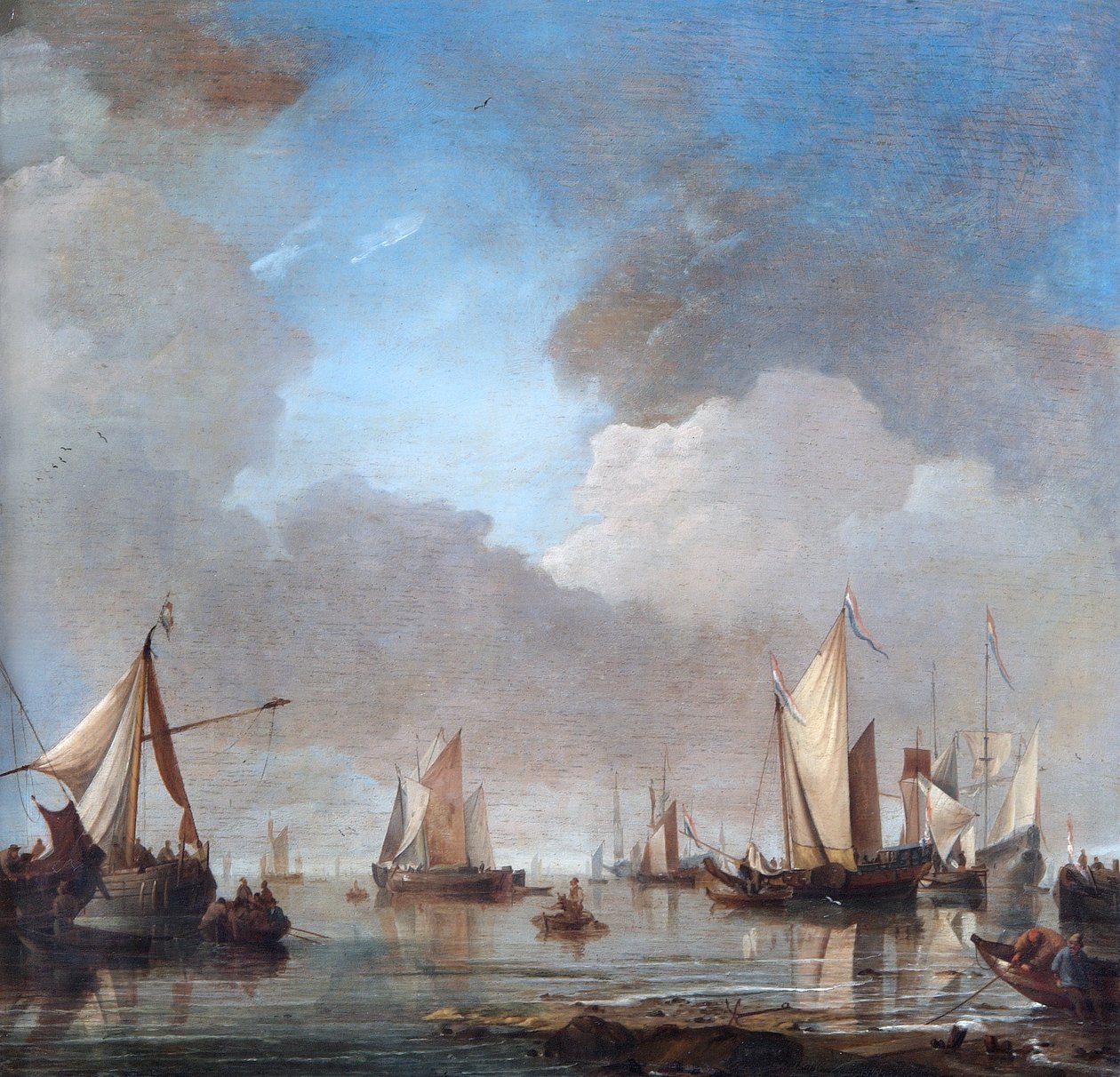 Stora fartyg och båtar i ett lugn (olja på ekpanel) av Willem van de Velde the Younger