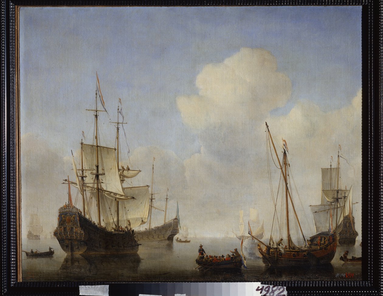 Den holländska skvadronen på den västafrikanska kusten. Målning av Willem van de Velde den yngre (1633-1707). Olja på duk, ca 1660. Holländsk skola, barockkonst. Statens friluftsmuseum Peterhof, Saint Peters av Willem van de Velde the Younger