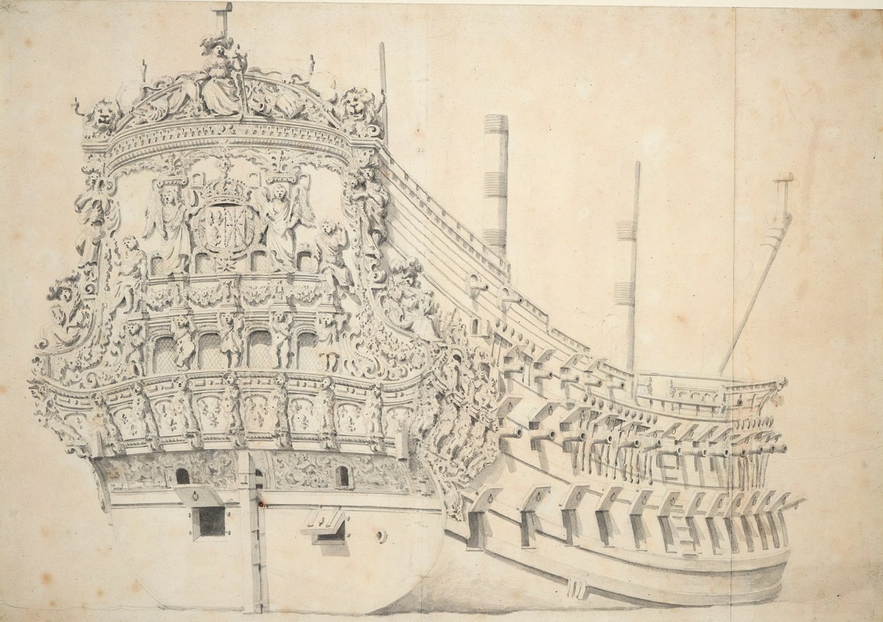 Porträtt av en fransk tvådäckare. Byggd i Holland 1666-1667, ca 1667 (grafit, grå tvätt) av Willem van de Velde the Younger