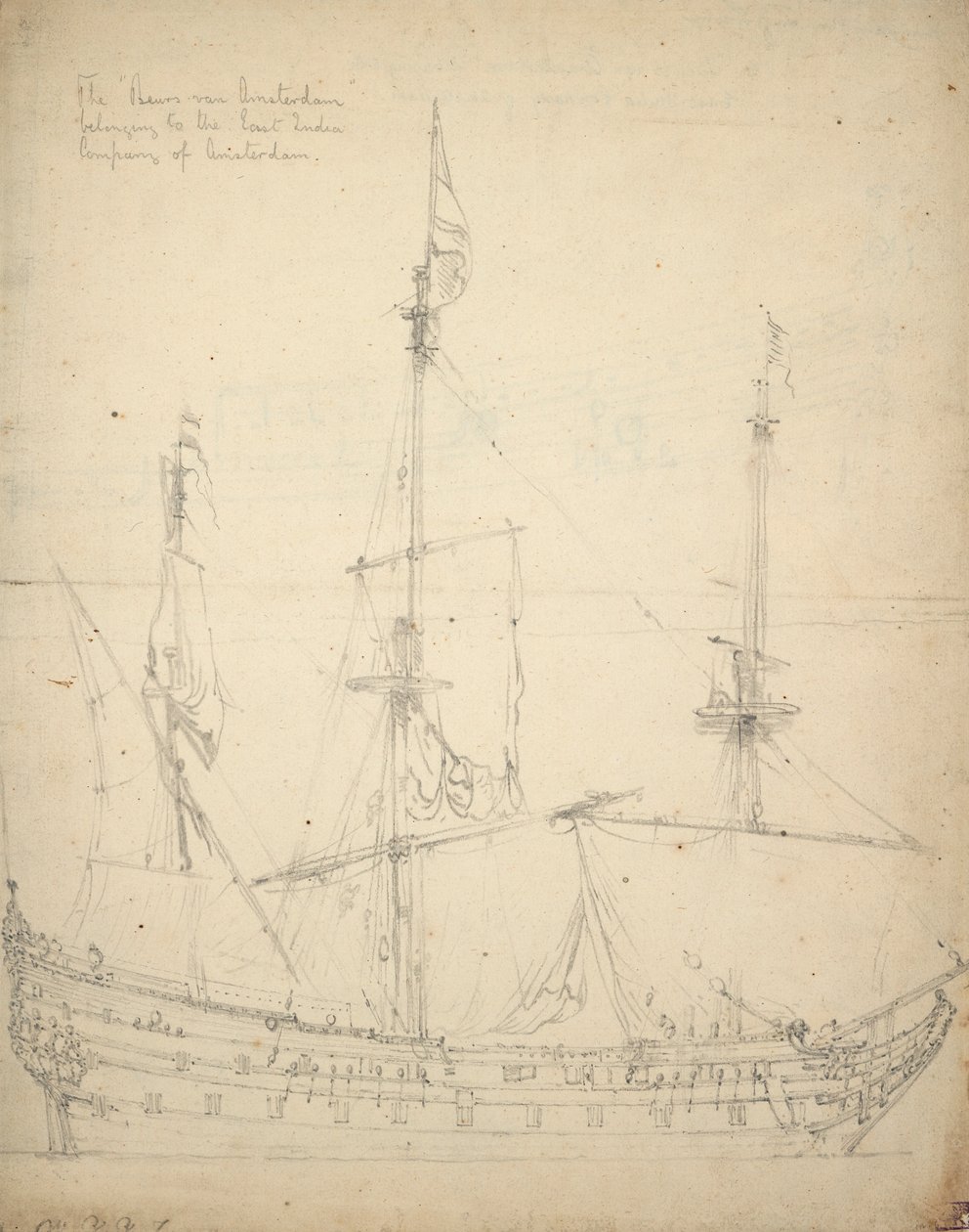 Porträtt av "Beurs van Amsterdam". Byggd 1654 som en indiefarare. 52 kanoner. Taget i staternas tjänst 1665. Återlämnad till rederiet 1666, c.1665 (offset) av Willem van de Velde the Younger