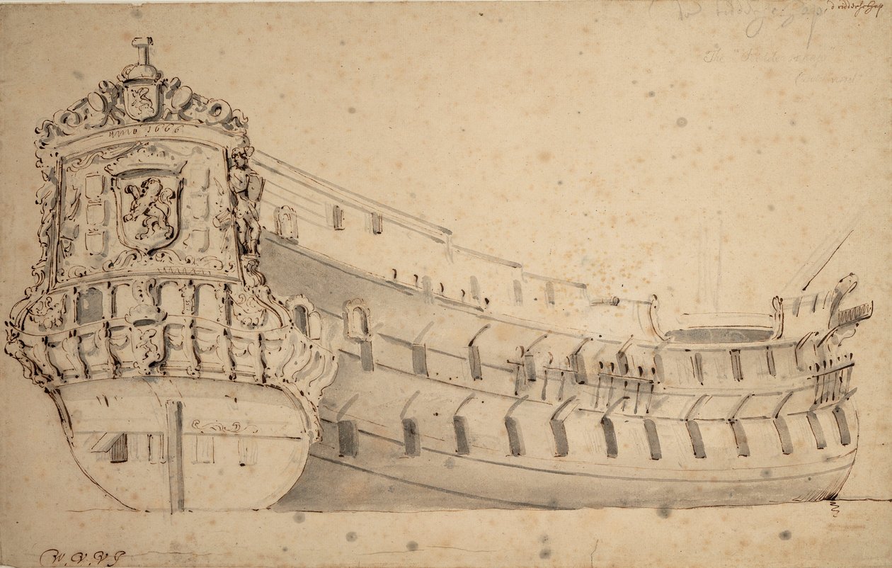 Porträtt av "Ridderschap", 66 kanoner, tillhörande amiralitetet i Maas, byggt 1666 och förlorat till havs 1690, ca 1686 (grafit, grå lav) av Willem van de Velde the Younger