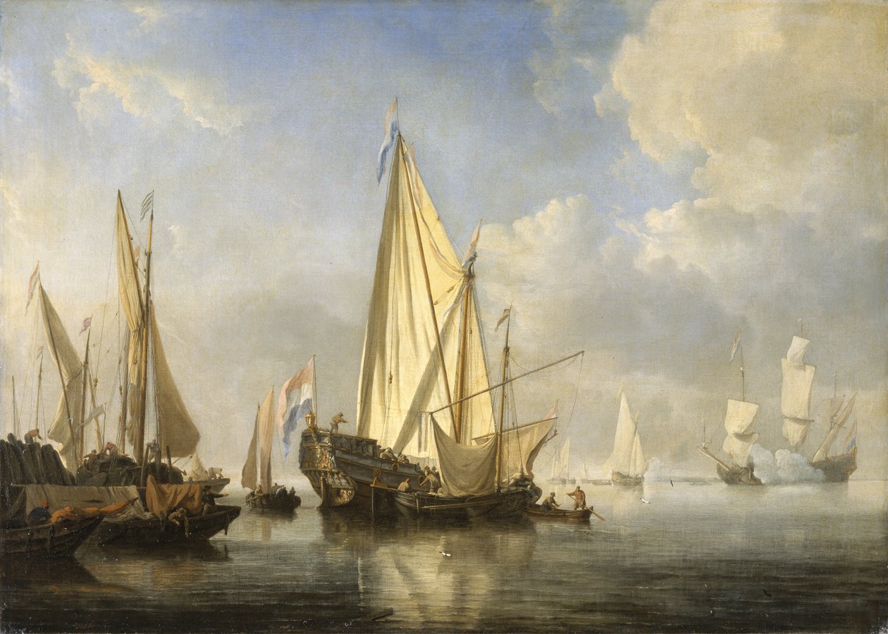Frakt i lugn och ro med en States Yacht vid änden av en pir, ca 1680 (olja på duk) av Willem van de Velde the Younger