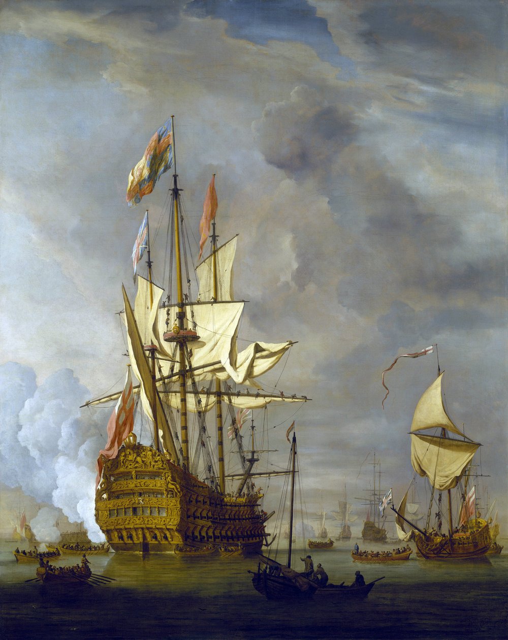 HMS "Royal Sovereign" avfyrar kanonerna för att hälsa hamnen välkommen, tillsammans med en kunglig yacht, i lugnt väder. Olja på duk av Willem van de Velde the Younger