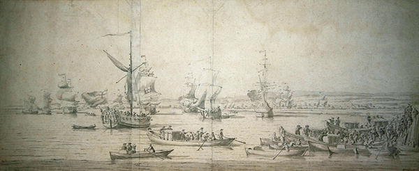 Ankomsten av James, hertig av York, på Royal Yacht i Chatham, för att sjösätta det förstklassiga slagskeppet 