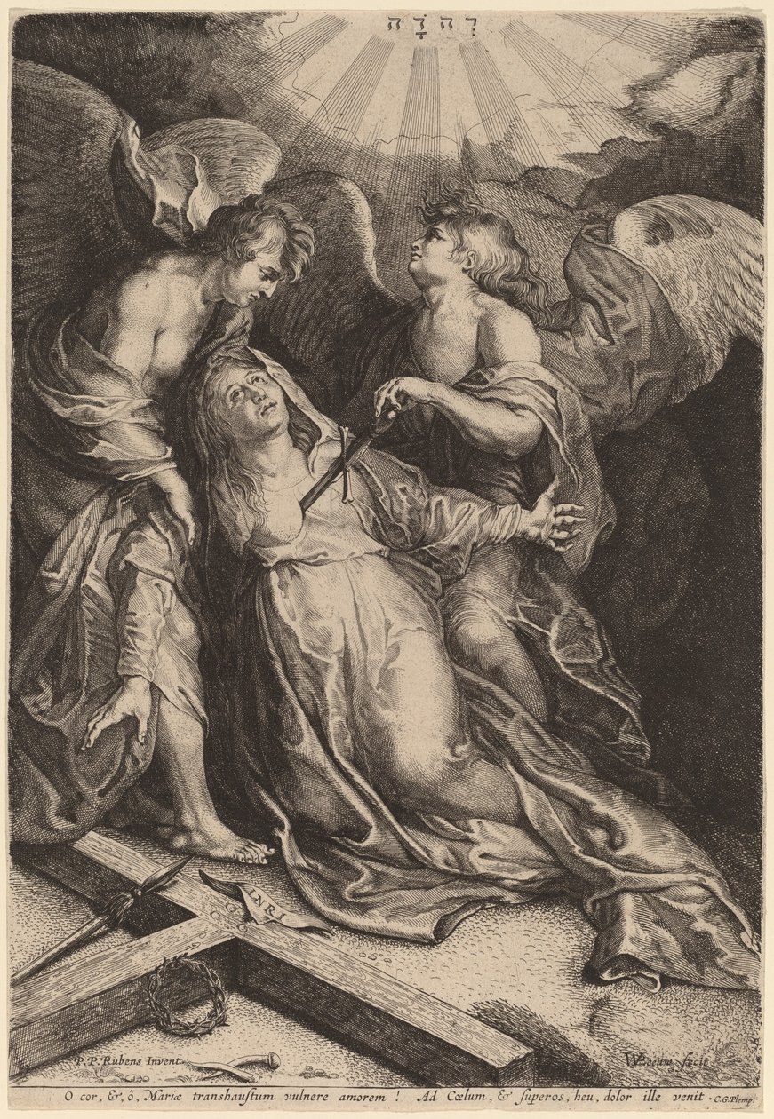 Mater Dolorosa knästående, med stöd av två änglar av Willem van der Leeuw after Sir Peter Paul Rubens