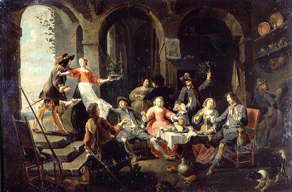 Elegant företag Merrymaking i en interiör med tjänare i närvaro av Willem van the Elder Herp
