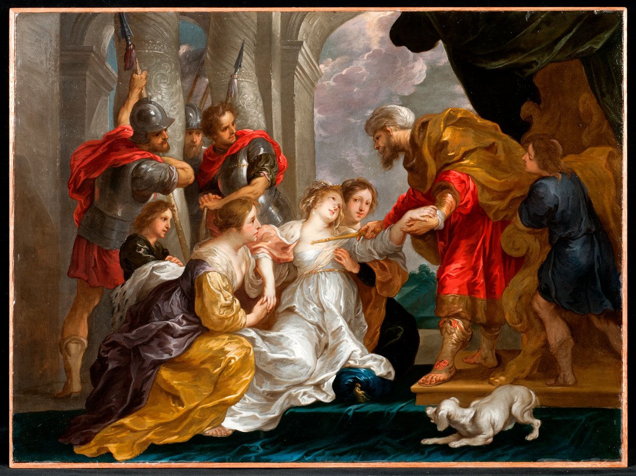 Ester presenterar sig i palatset (olja på koppar) av Willem van the Elder Herp