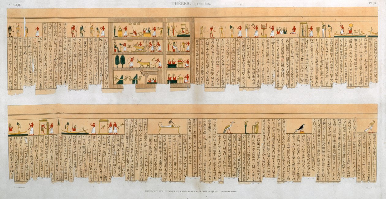 Illustrationer av ett manuskript med hieroglyfer, från en grav i Thebe, Egypten, 1822 av Willemin