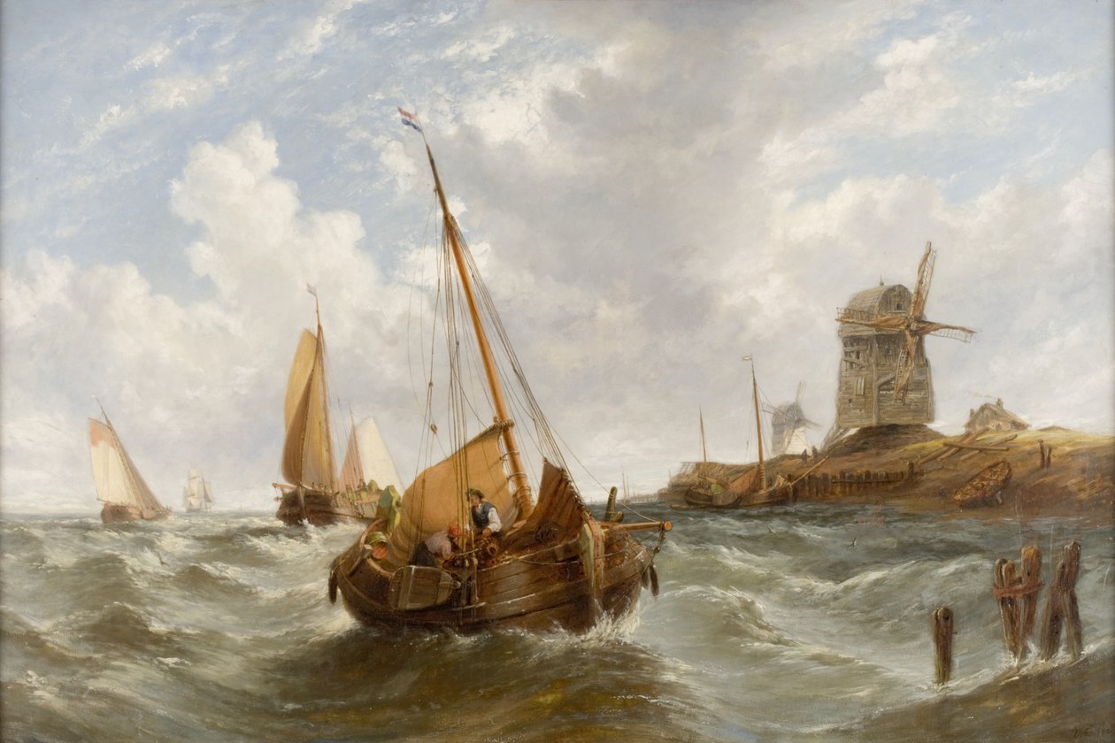 Havslandskap med båtar av William Adolphus Knell