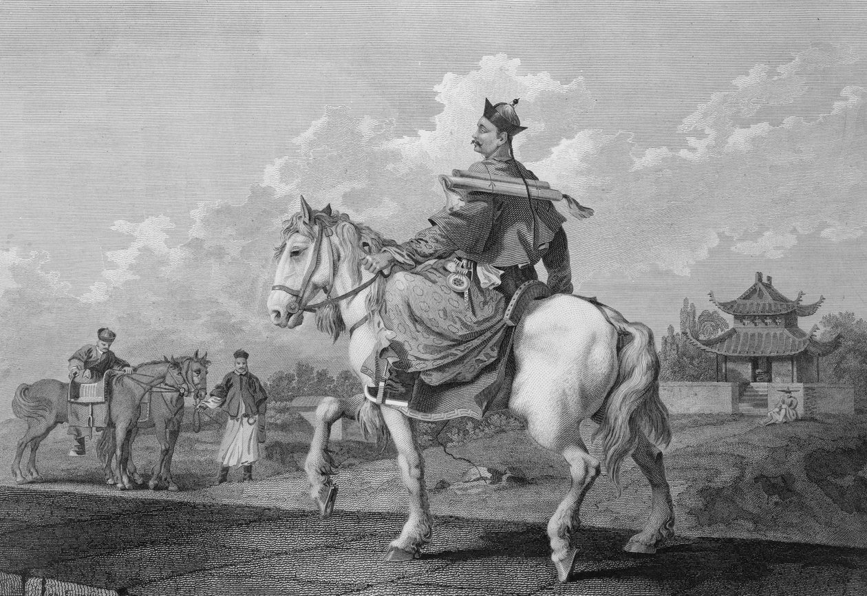 En Quan eller mandarin med ett brev från kejsaren av Kina, graverad av Wilson, utgiven av G. Nicol, 1796. av William Alexander
