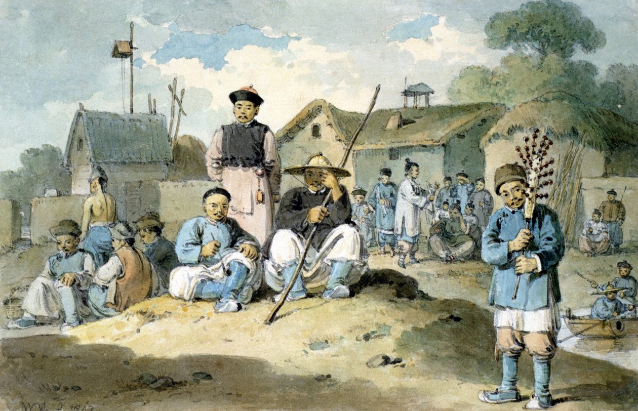 En grupp kineser på stranden av en flod som tittar på Earl Macartneys ambassad passerar, 1793 av William Alexander
