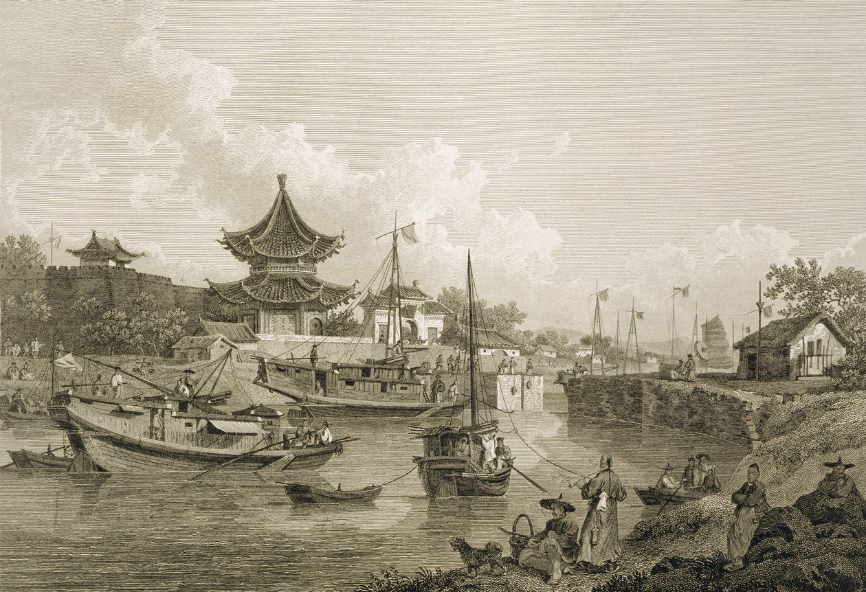 Kinesiska pråmar från ambassaden som passerar genom en sluss av Canal Grande, graverade av Benjamin Thomas Pouncy (fl.1772-99) pub. av G. Nicol, 1796 av William Alexander