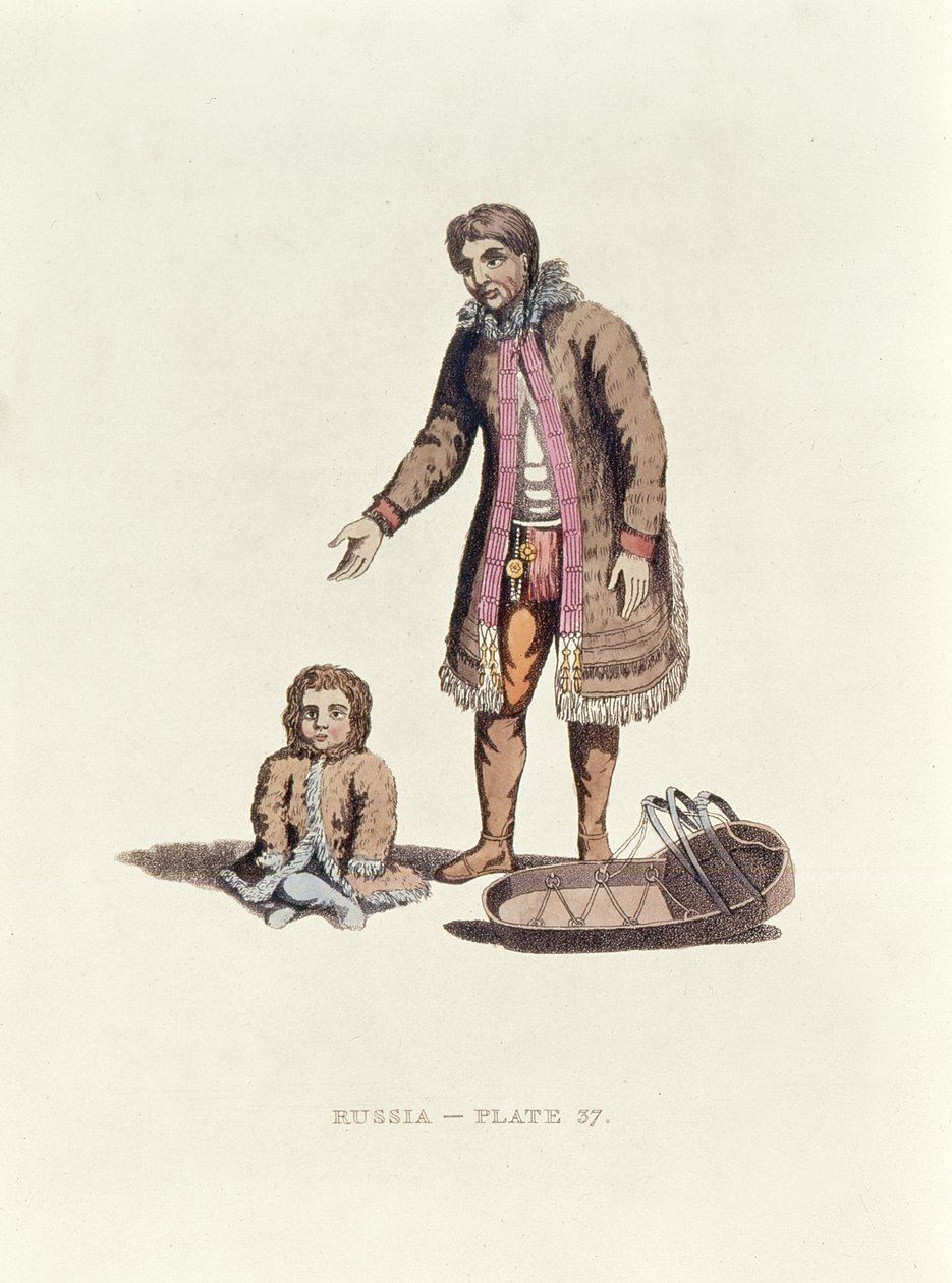Samojed-kvinna med sin baby och en vagga från Dress of the Russians, 1814 av William Alexander