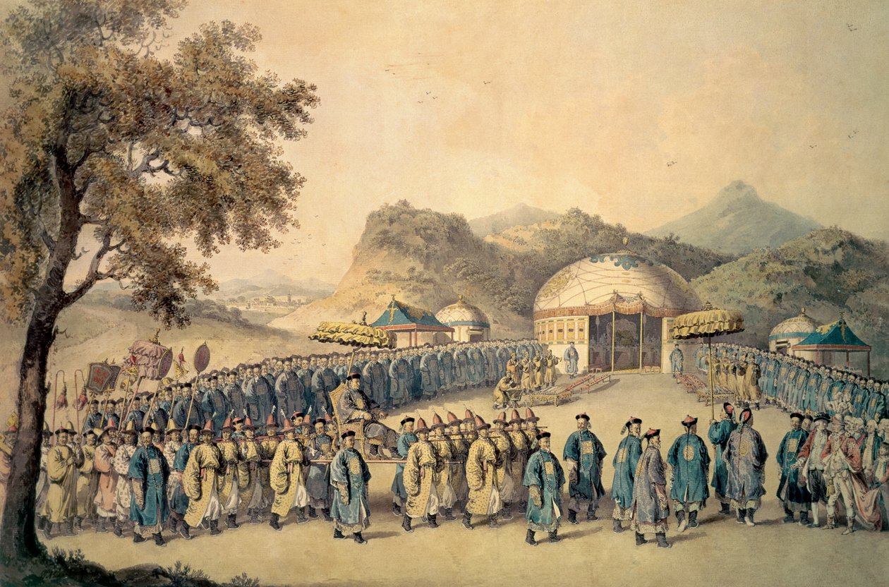Kejsaren av Kina närmade sig sitt tält i Tartary för att ta emot den brittiske ambassadören George, 1:e Earl Macartney (1737-1806), 1793 av William Alexander